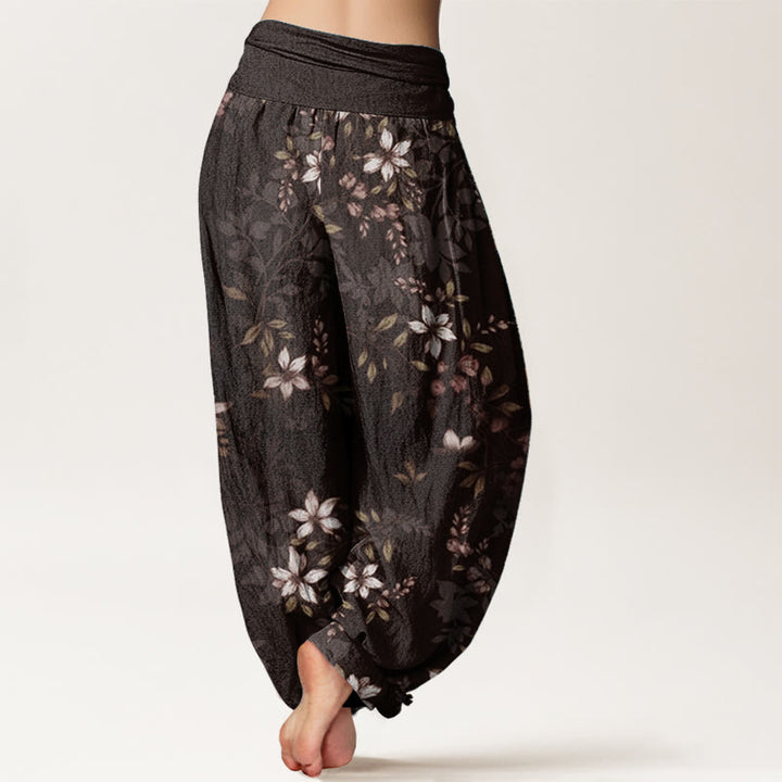 Buddha Stones Haremshose aus reiner Baumwolle mit kleinen weißen Blüten und grünen Blättern für Damen, elastische Taille