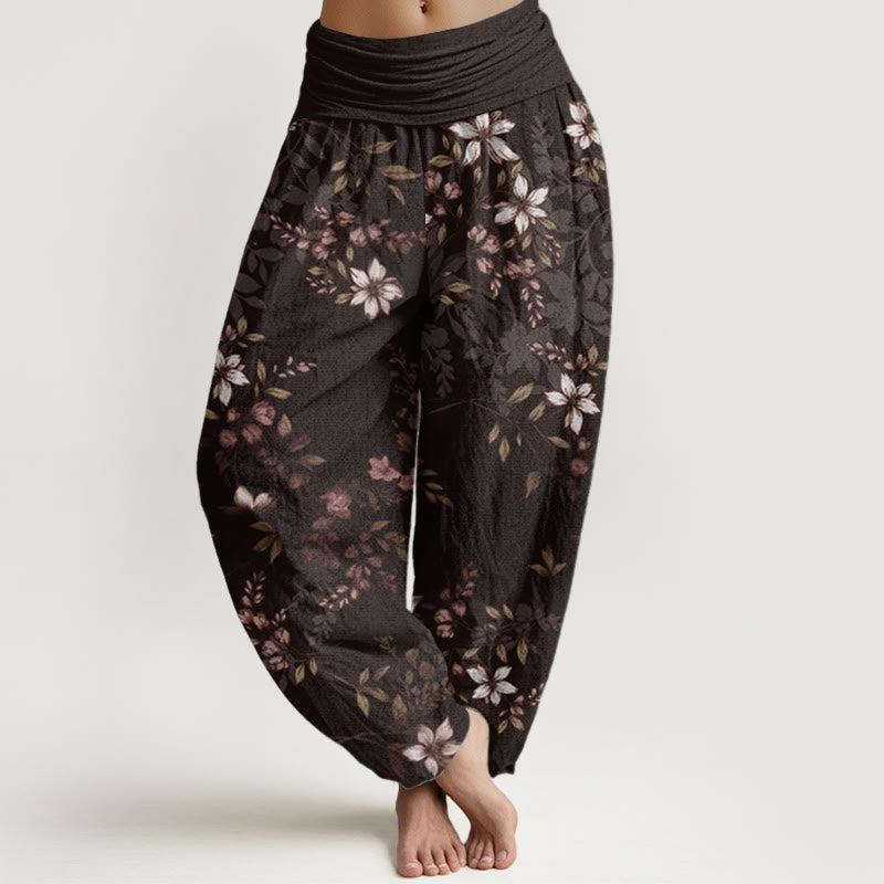 Buddha Stones Haremshose aus reiner Baumwolle mit kleinen weißen Blüten und grünen Blättern für Damen, elastische Taille