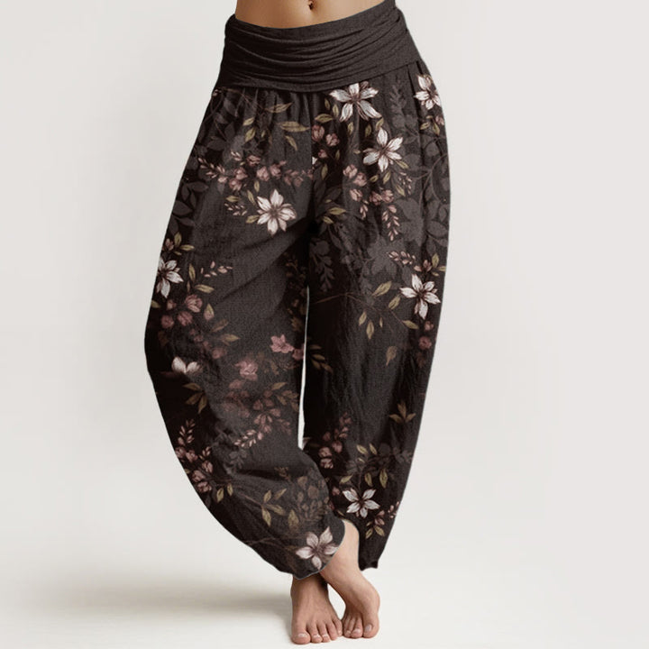 Buddha Stones Haremshose aus reiner Baumwolle mit kleinen weißen Blüten und grünen Blättern für Damen, elastische Taille