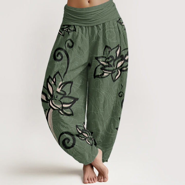 Buddha Stones Damen-Haremshose aus reiner Baumwolle mit lässigem Lotus- und Glückswolken-Design und elastischer Taille