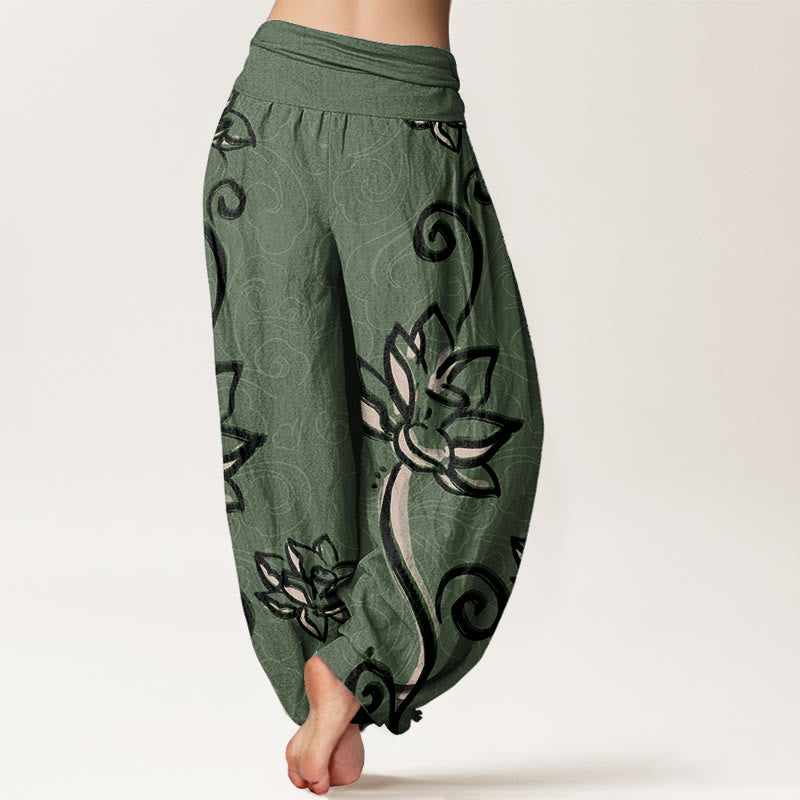 Buddha Stones Damen-Haremshose aus reiner Baumwolle mit lässigem Lotus- und Glückswolken-Design und elastischer Taille