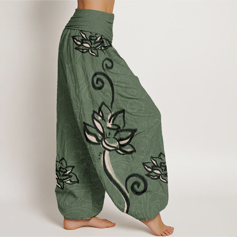 Buddha Stones Damen-Haremshose aus reiner Baumwolle mit lässigem Lotus- und Glückswolken-Design und elastischer Taille