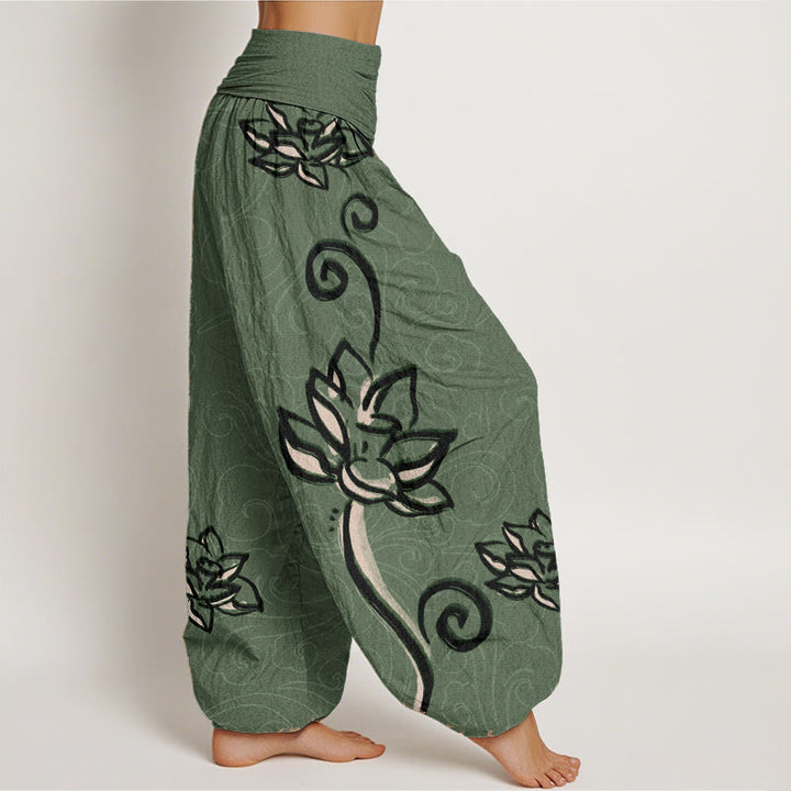 Buddha Stones Damen-Haremshose aus reiner Baumwolle mit lässigem Lotus- und Glückswolken-Design und elastischer Taille