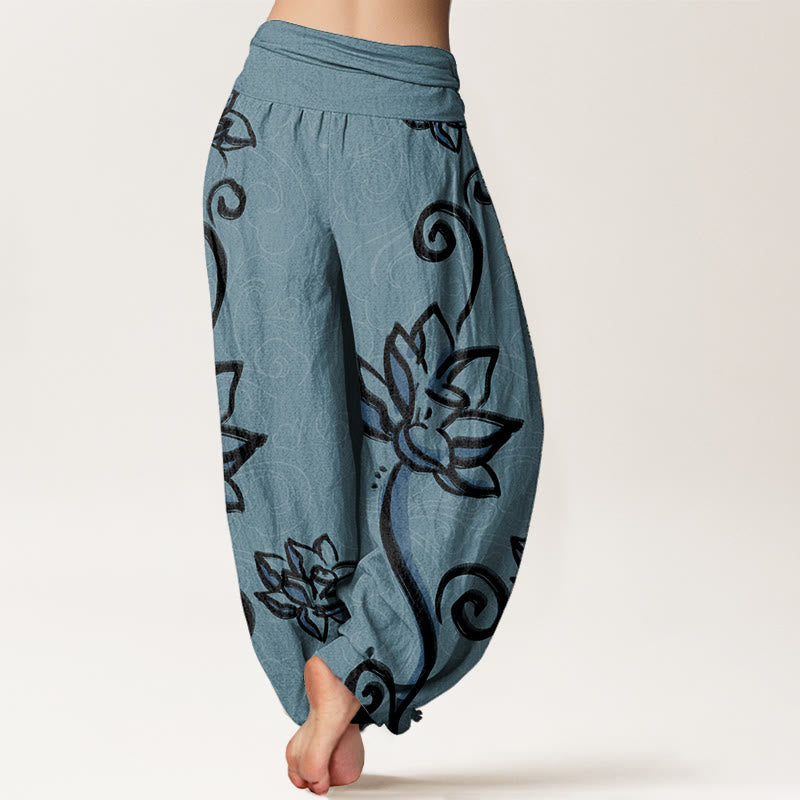 Buddha Stones Damen-Haremshose aus reiner Baumwolle mit lässigem Lotus- und Glückswolken-Design und elastischer Taille