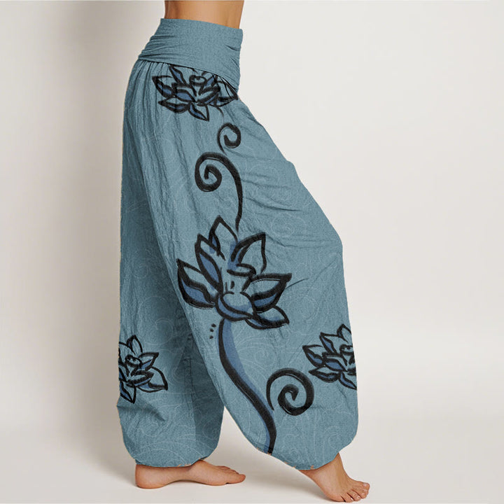 Buddha Stones Damen-Haremshose aus reiner Baumwolle mit lässigem Lotus- und Glückswolken-Design und elastischer Taille