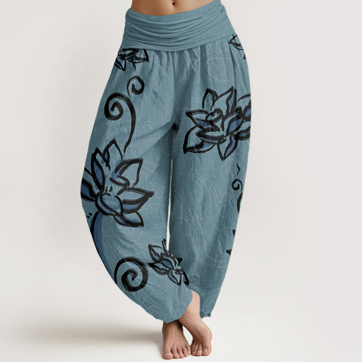 Buddha Stones Damen-Haremshose aus reiner Baumwolle mit lässigem Lotus- und Glückswolken-Design und elastischer Taille