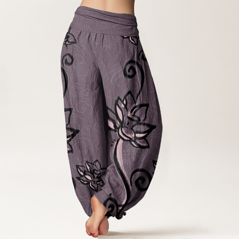 Buddha Stones Damen-Haremshose aus reiner Baumwolle mit lässigem Lotus- und Glückswolken-Design und elastischer Taille