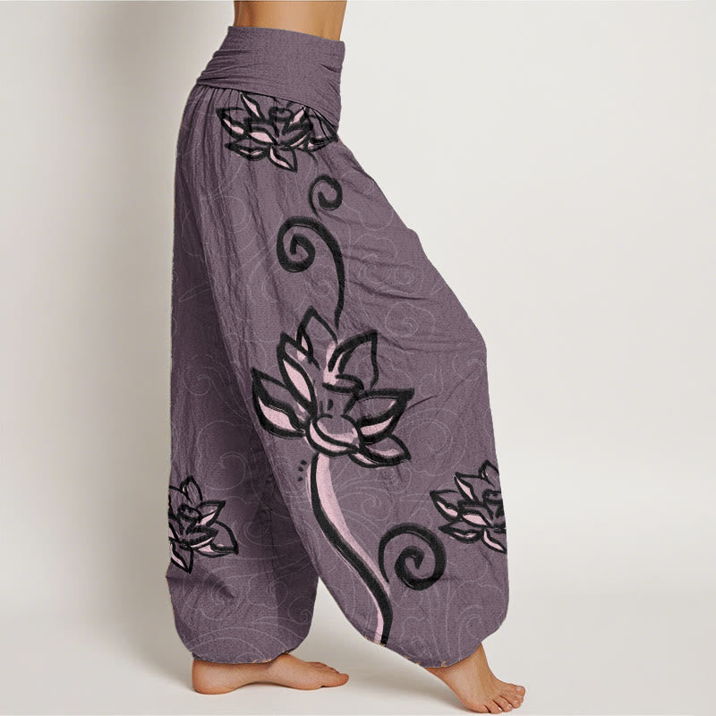 Buddha Stones Damen-Haremshose aus reiner Baumwolle mit lässigem Lotus- und Glückswolken-Design und elastischer Taille