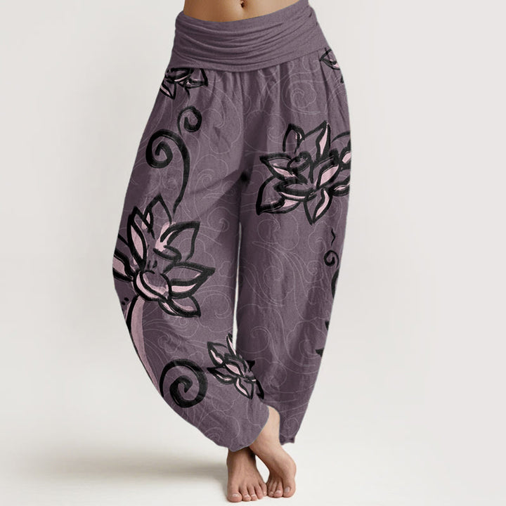 Buddha Stones Damen-Haremshose aus reiner Baumwolle mit lässigem Lotus- und Glückswolken-Design und elastischer Taille