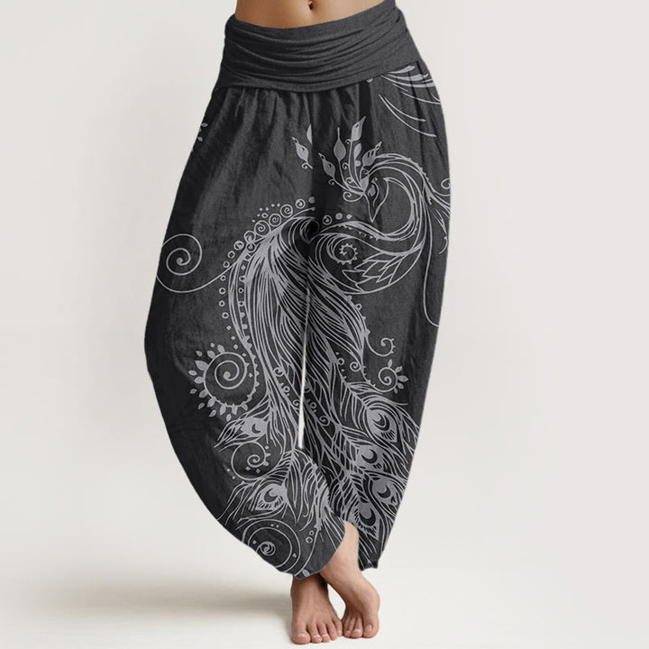 Buddha Stones Damen-Haremshose aus reiner Baumwolle mit Pfauen-Design und elastischer Taille