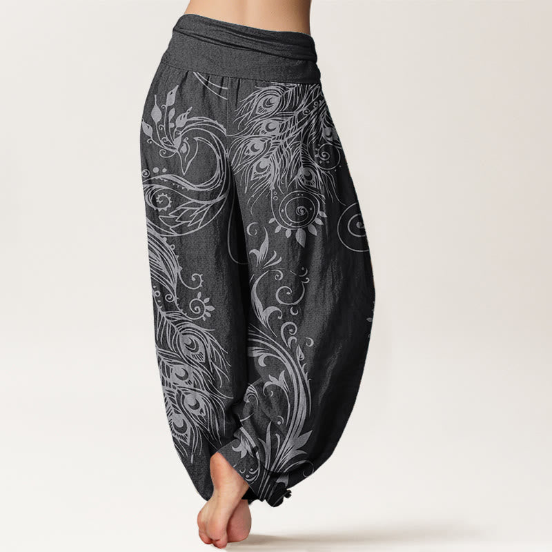 Buddha Stones Damen-Haremshose aus reiner Baumwolle mit Pfauen-Design und elastischer Taille