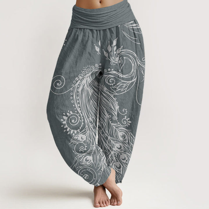 Buddha Stones Damen-Haremshose aus reiner Baumwolle mit Pfauen-Design und elastischer Taille