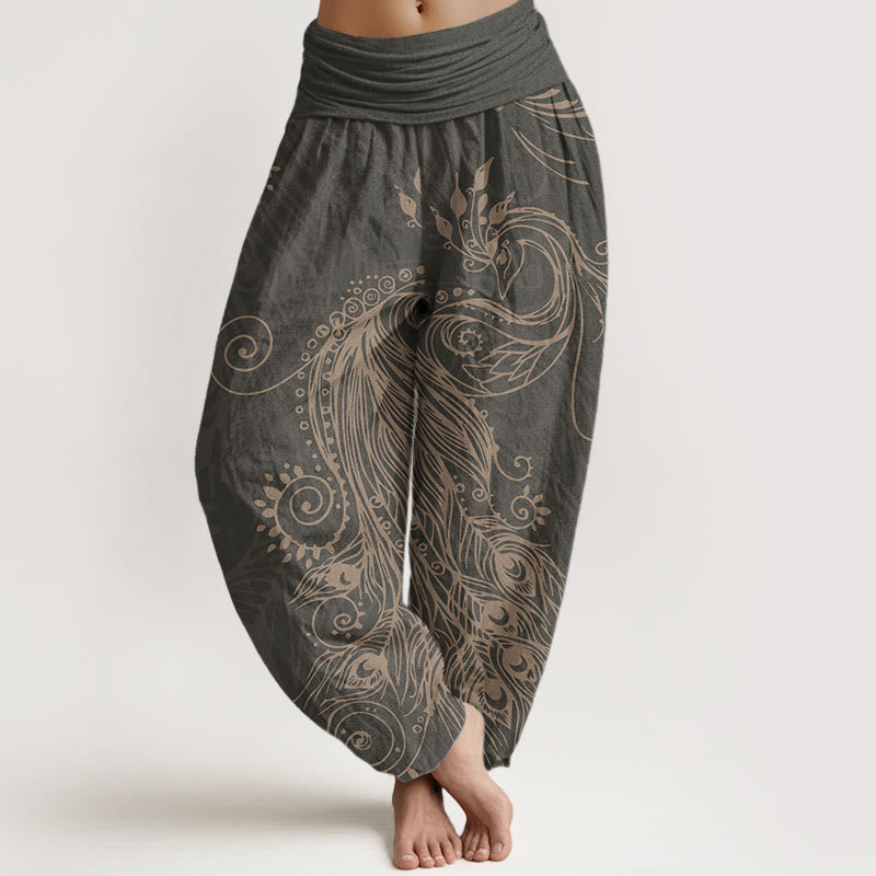 Buddha Stones Damen-Haremshose aus reiner Baumwolle mit Pfauen-Design und elastischer Taille