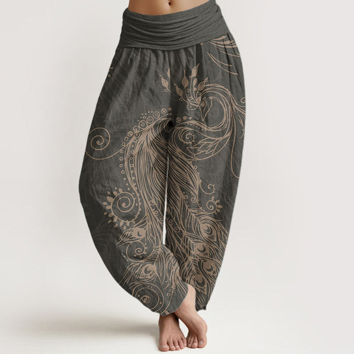 Buddha Stones Damen-Haremshose aus reiner Baumwolle mit Pfauen-Design und elastischer Taille