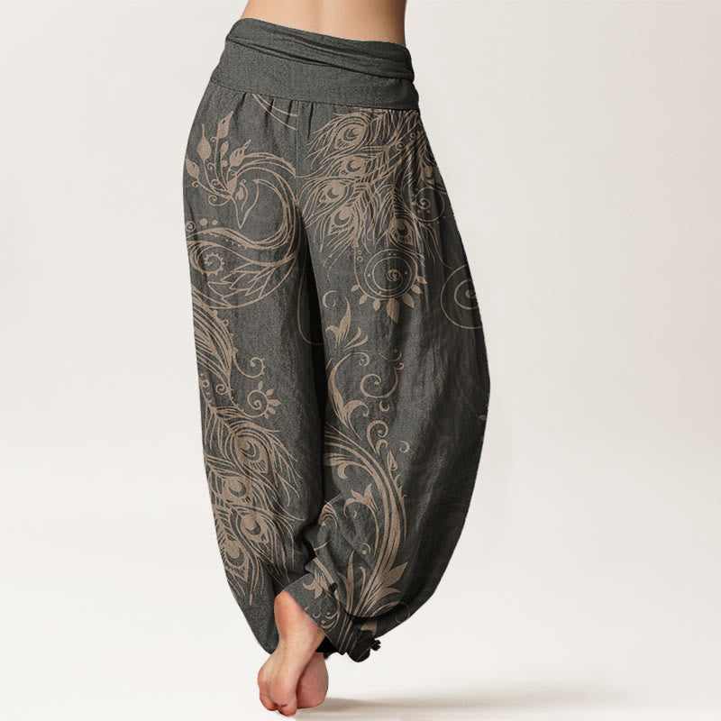 Buddha Stones Damen-Haremshose aus reiner Baumwolle mit Pfauen-Design und elastischer Taille