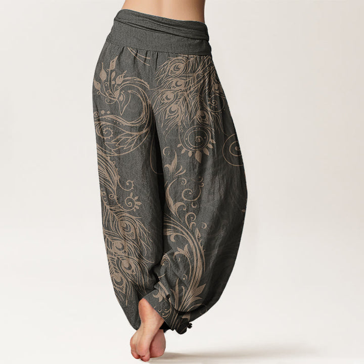 Buddha Stones Damen-Haremshose aus reiner Baumwolle mit Pfauen-Design und elastischer Taille