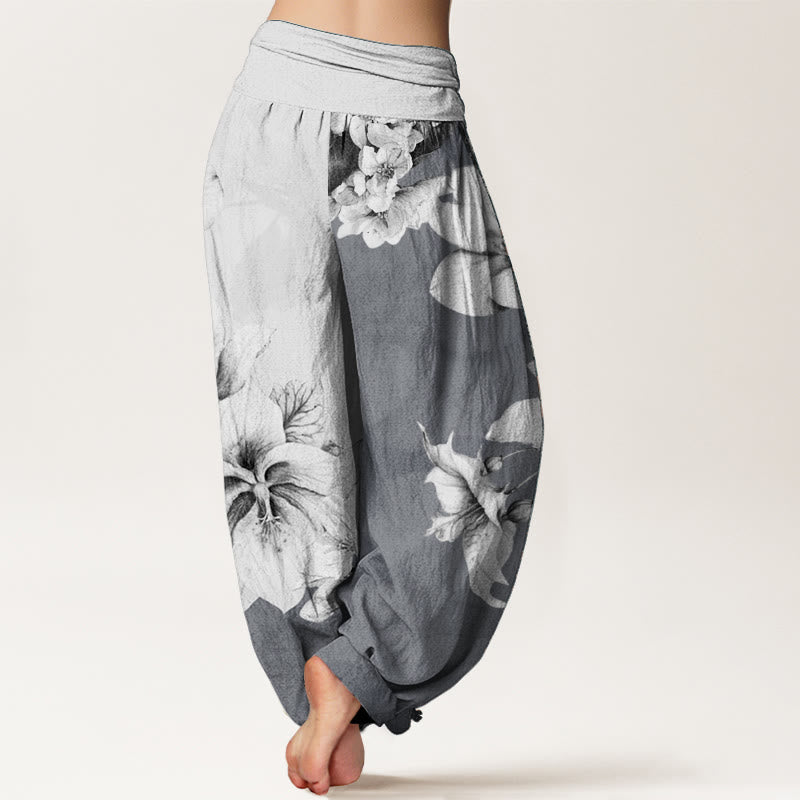 Buddha Stones Damen Haremshose mit elastischer Taille und Kamelienmuster aus reiner Baumwolle
