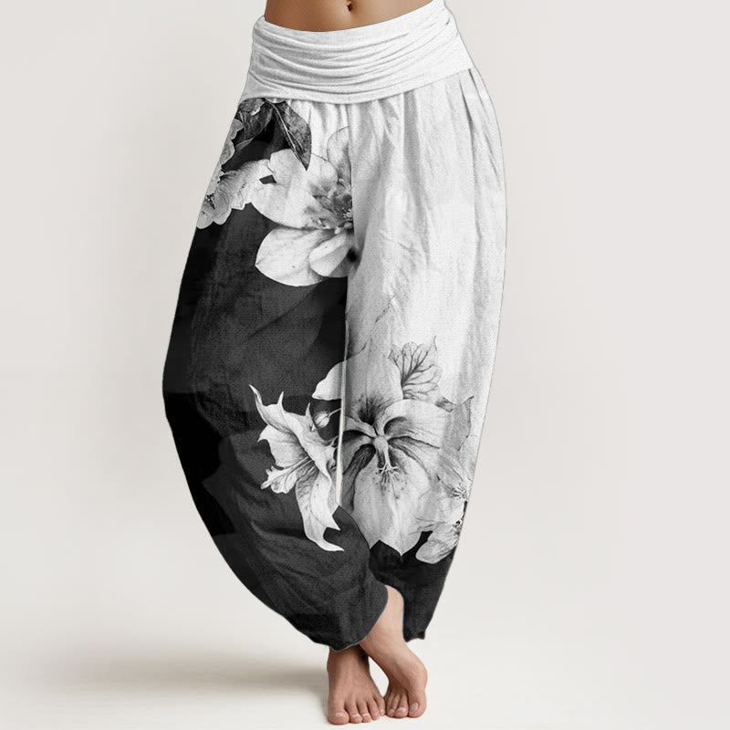 Buddha Stones Damen Haremshose mit elastischer Taille und Kamelienmuster aus reiner Baumwolle - Weißer Rauch - US22, UK/AU26, EU54 (6XL) - image 0