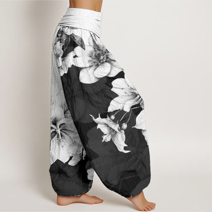Buddha Stones Damen Haremshose mit elastischer Taille und Kamelienmuster aus reiner Baumwolle
