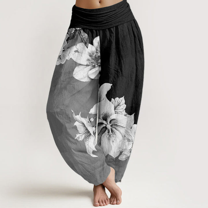 Buddha Stones Damen Haremshose mit elastischer Taille und Kamelienmuster aus reiner Baumwolle