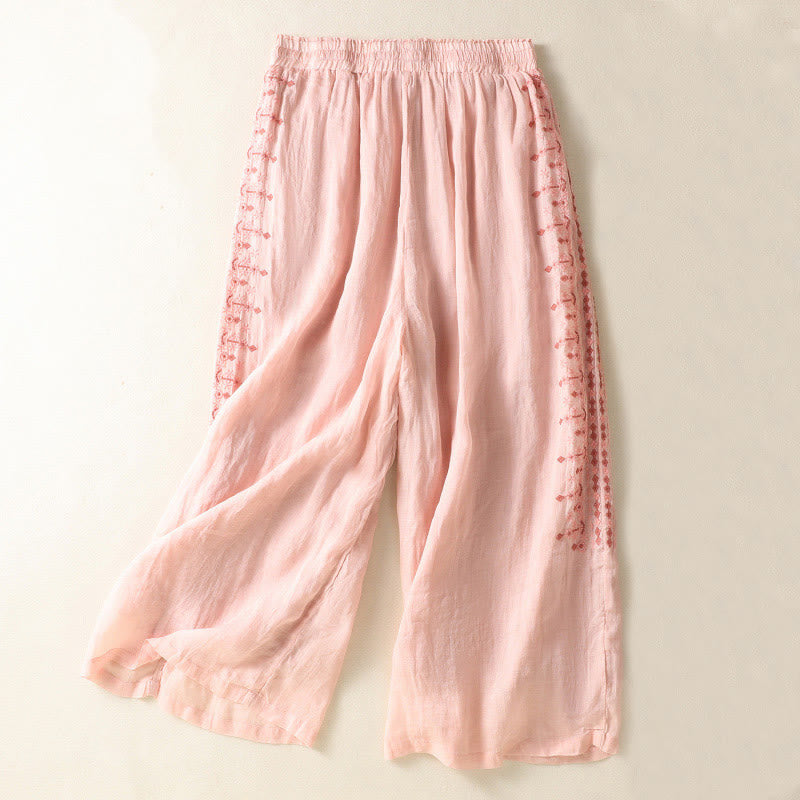 Buddha Stones Ethno-Stickerei Kordelzug Baumwolle Leinen Damenhose mit hoher Taille und weitem Bein und Taschen