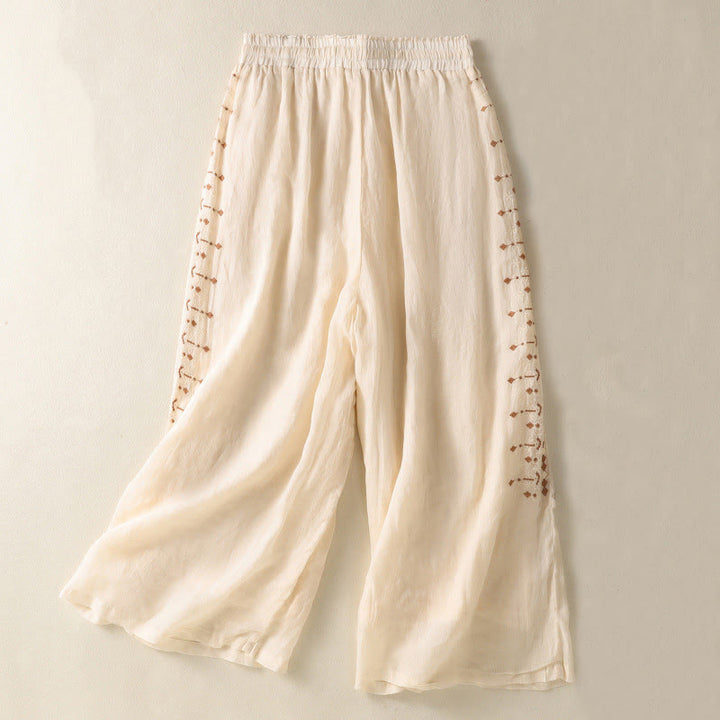 Buddha Stones Ethno-Stickerei Kordelzug Baumwolle Leinen Damenhose mit hoher Taille und weitem Bein und Taschen