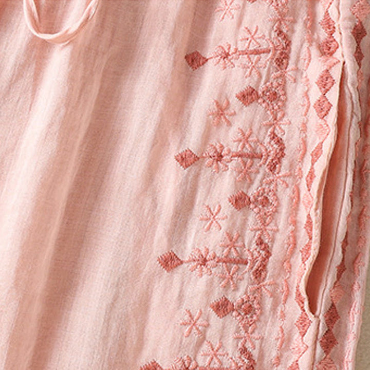 Buddha Stones Ethno-Stickerei Kordelzug Baumwolle Leinen Damenhose mit hoher Taille und weitem Bein und Taschen - image 11