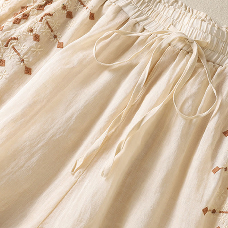 Buddha Stones Ethno-Stickerei Kordelzug Baumwolle Leinen Damenhose mit hoher Taille und weitem Bein und Taschen - image 3