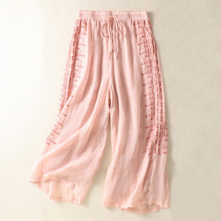 Buddha Stones Ethno-Stickerei Kordelzug Baumwolle Leinen Damenhose mit hoher Taille und weitem Bein und Taschen