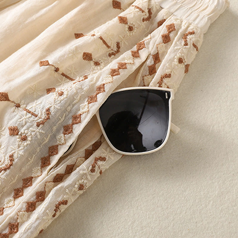 Buddha Stones Ethno-Stickerei Kordelzug Baumwolle Leinen Damenhose mit hoher Taille und weitem Bein und Taschen - image 4