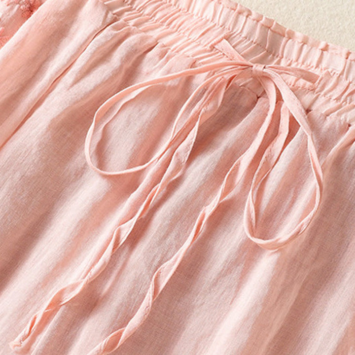 Buddha Stones Ethno-Stickerei Kordelzug Baumwolle Leinen Damenhose mit hoher Taille und weitem Bein und Taschen - image 10