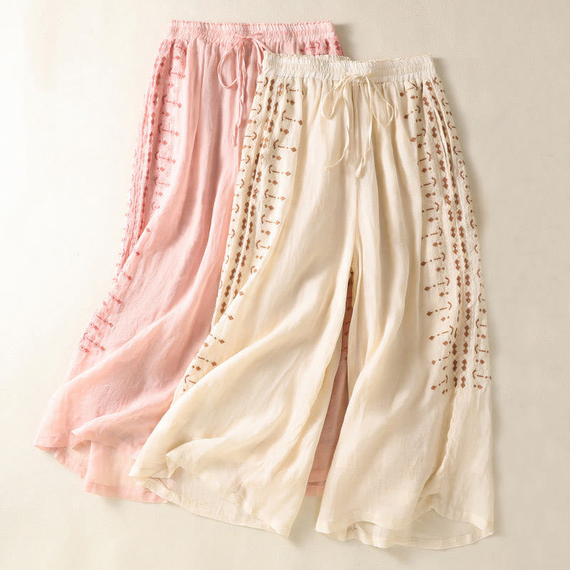 Buddha Stones Ethno-Stickerei Kordelzug Baumwolle Leinen Damenhose mit hoher Taille und weitem Bein und Taschen - image 14