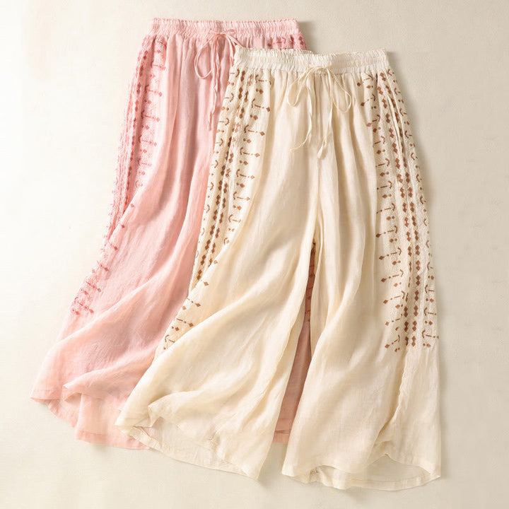 Buddha Stones Ethno-Stickerei Kordelzug Baumwolle Leinen Damenhose mit hoher Taille und weitem Bein und Taschen - image 14