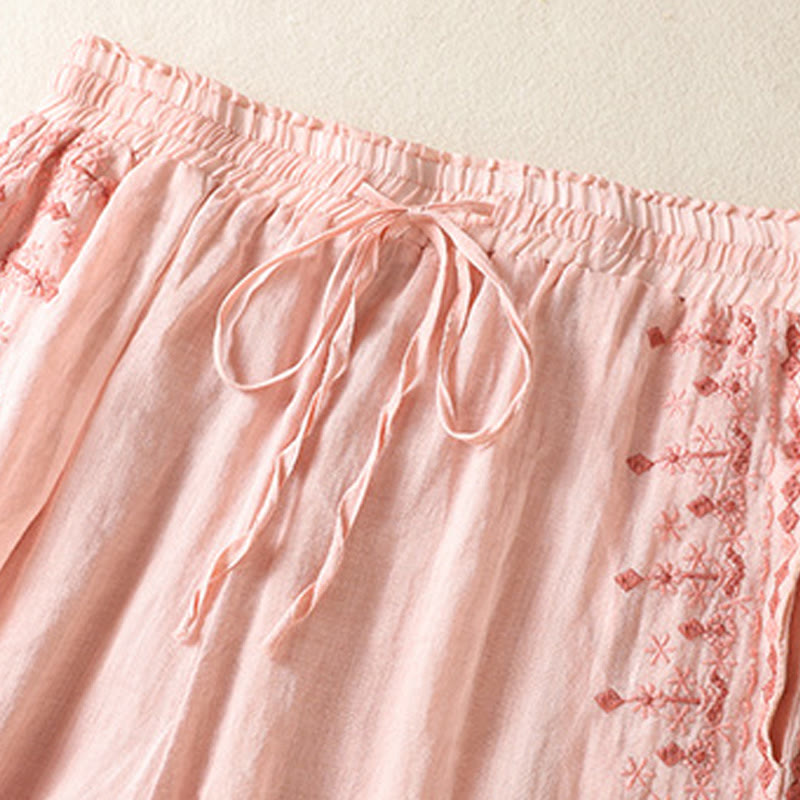 Buddha Stones Ethno-Stickerei Kordelzug Baumwolle Leinen Damenhose mit hoher Taille und weitem Bein und Taschen - image 9