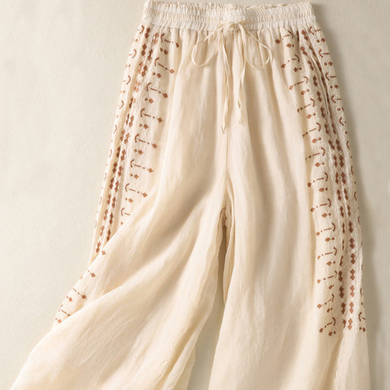 Buddha Stones Ethno-Stickerei Kordelzug Baumwolle Leinen Damenhose mit hoher Taille und weitem Bein und Taschen - image 1