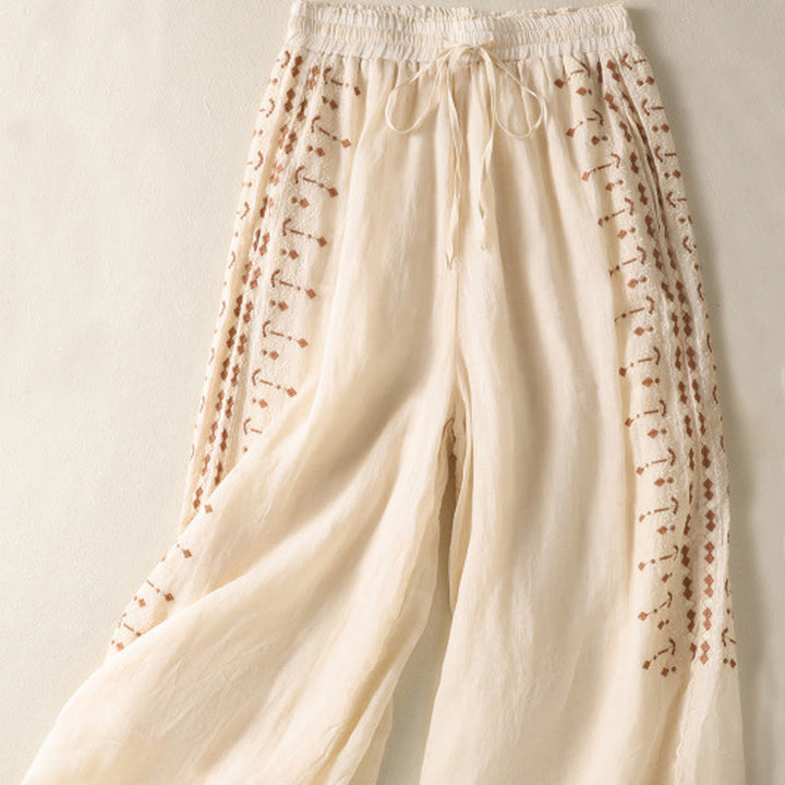 Buddha Stones Ethno-Stickerei Kordelzug Baumwolle Leinen Damenhose mit hoher Taille und weitem Bein und Taschen - image 1