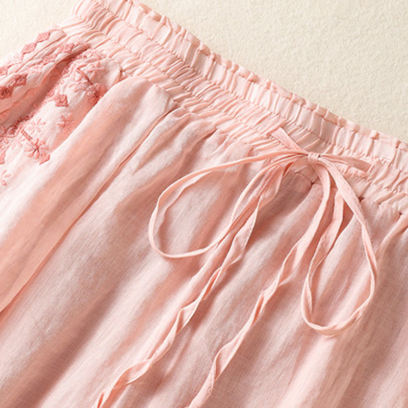 Buddha Stones Ethno-Stickerei Kordelzug Baumwolle Leinen Damenhose mit hoher Taille und weitem Bein und Taschen - image 8