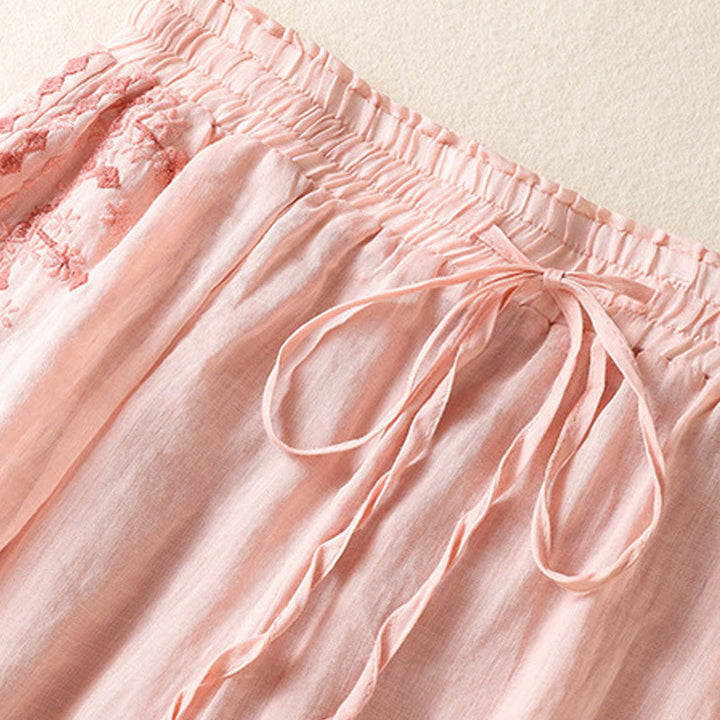 Buddha Stones Ethno-Stickerei Kordelzug Baumwolle Leinen Damenhose mit hoher Taille und weitem Bein und Taschen - image 8