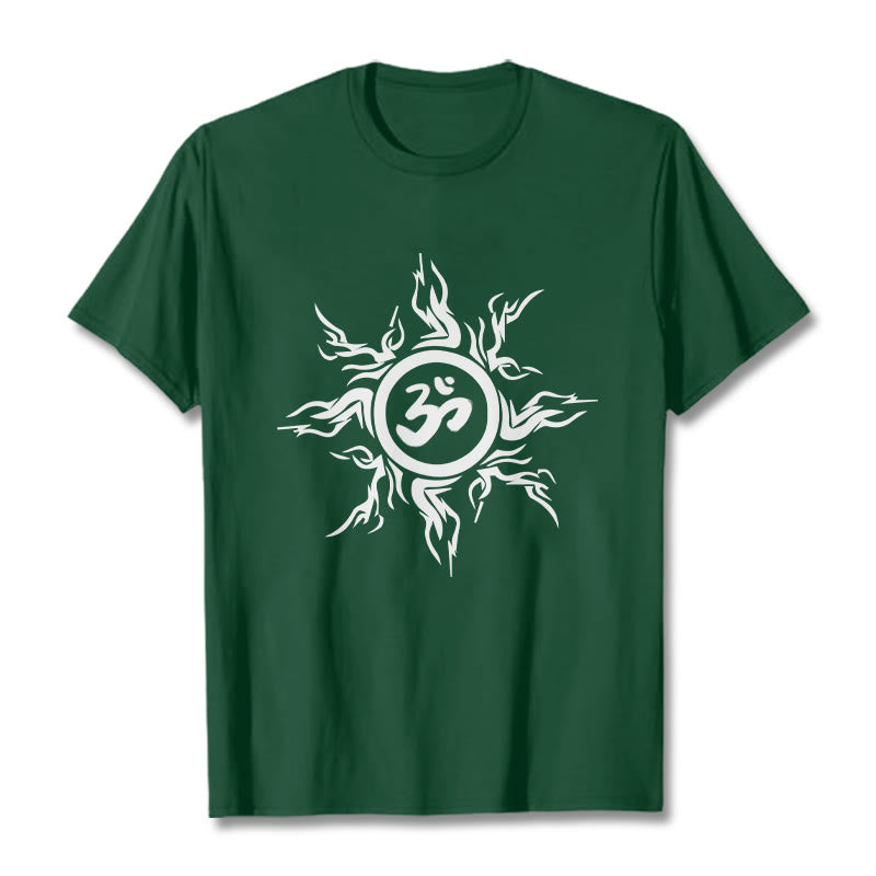 Buddha Stones, Sunburst-Muster, das ein Om-Symbol-Muster umgibt, Baumwoll-T-Shirt - WaldGrün - 2XL - image 11