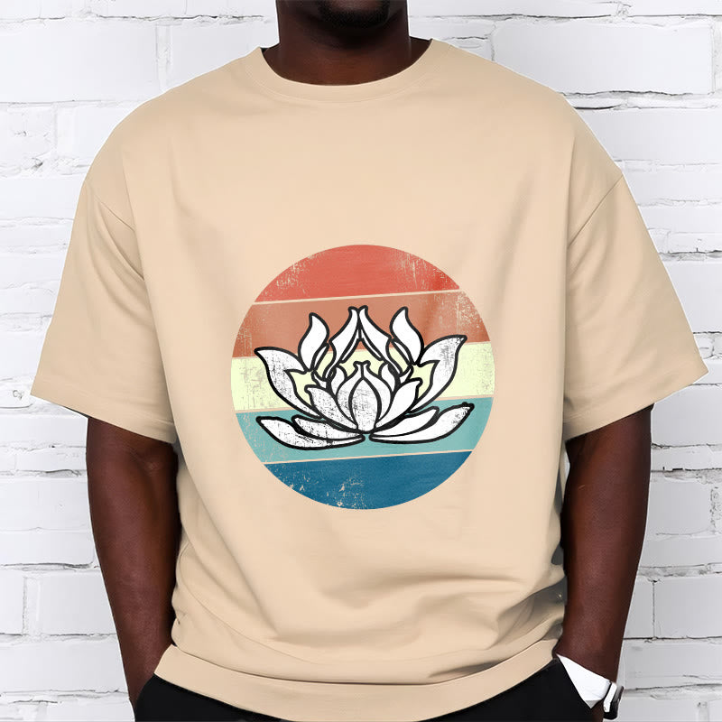 T-Shirt mit Buddha Stones und blühendem Lotus, buntes Streifenmuster, Baumwolle - image 9