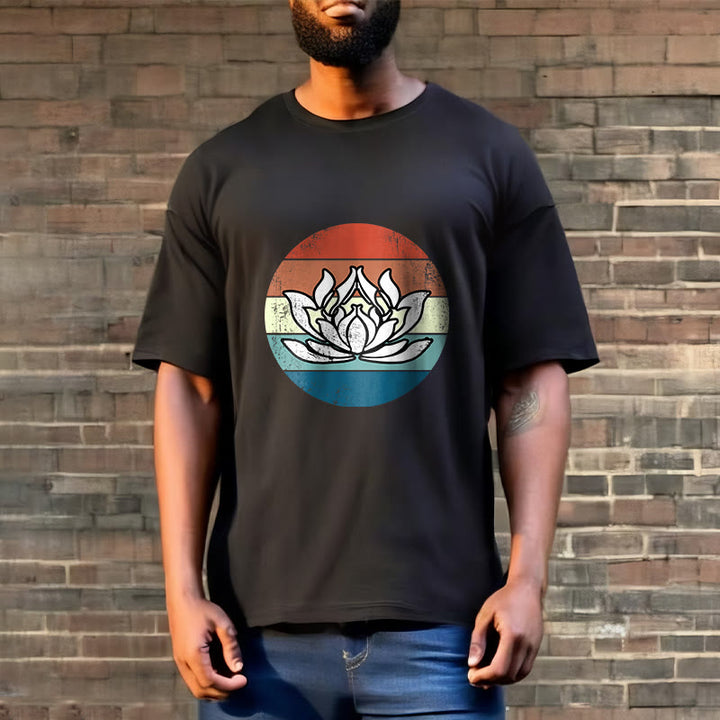 T-Shirt mit Buddha Stones und blühendem Lotus, buntes Streifenmuster, Baumwolle - image 3