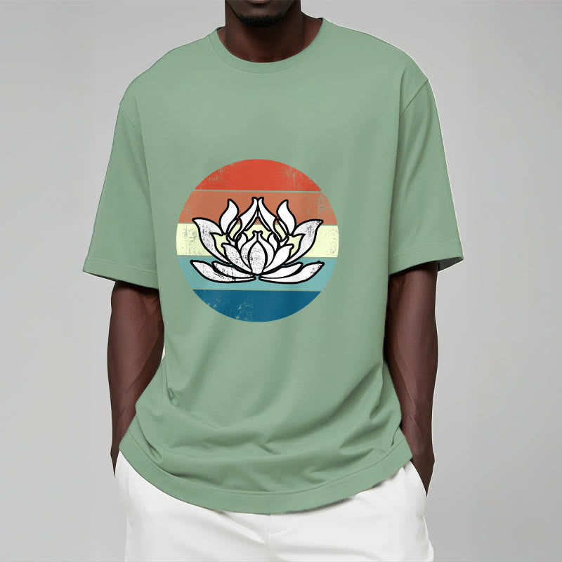 T-Shirt mit Buddha Stones und blühendem Lotus, buntes Streifenmuster, Baumwolle - image 15