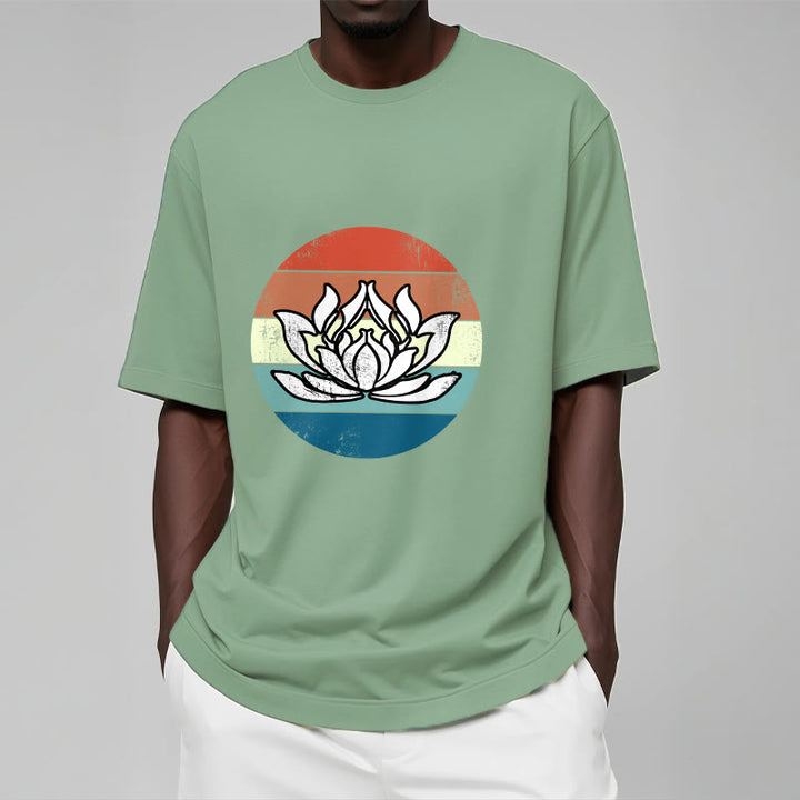 T-Shirt mit Buddha Stones und blühendem Lotus, buntes Streifenmuster, Baumwolle - image 15