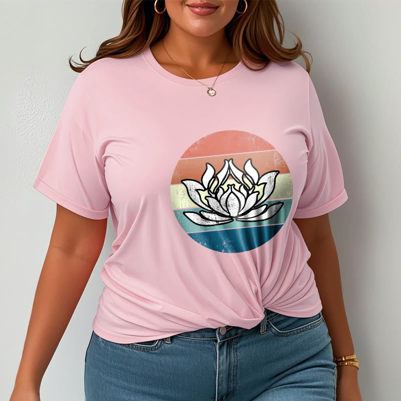 T-Shirt mit Buddha Stones und blühendem Lotus, buntes Streifenmuster, Baumwolle - image 14