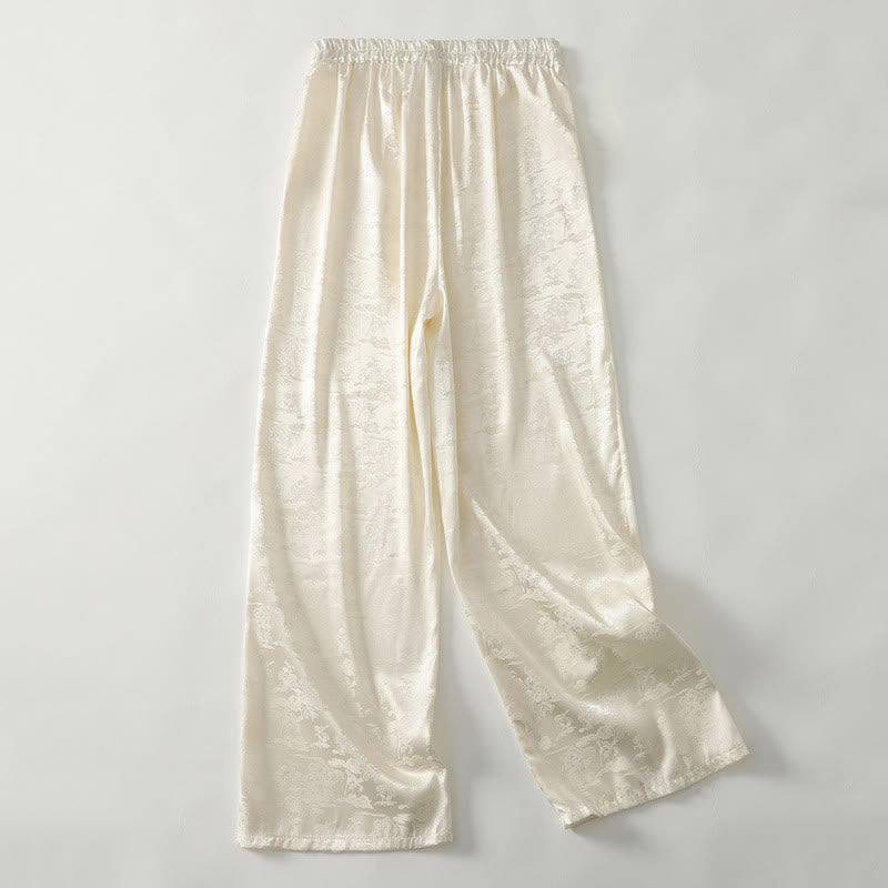 Buddha Stones Frühlings-Casual Jacquard-Hose aus Baumwolle und Leinen mit weitem Bein und Taschen