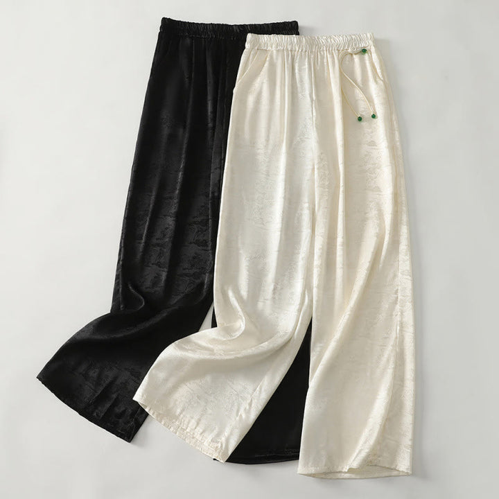 Buddha Stones Frühlings-Casual Jacquard-Hose aus Baumwolle und Leinen mit weitem Bein und Taschen