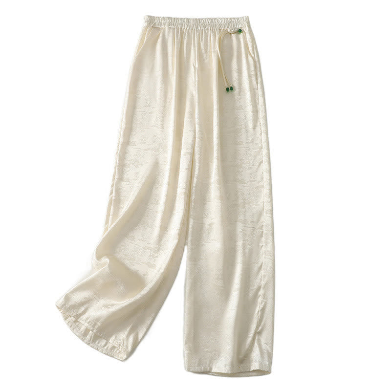 Buddha Stones Frühlings-Casual Jacquard-Hose aus Baumwolle und Leinen mit weitem Bein und Taschen