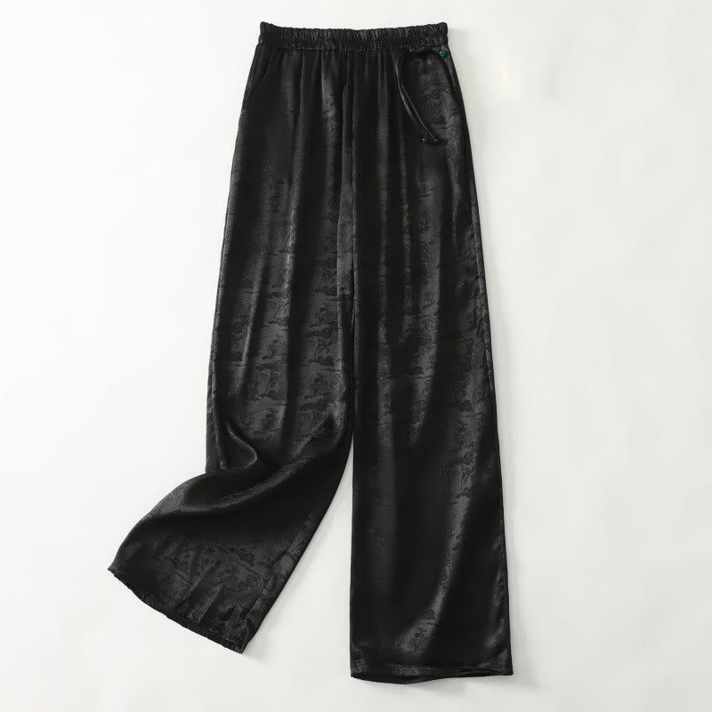 Buddha Stones Frühlings-Casual Jacquard-Hose aus Baumwolle und Leinen mit weitem Bein und Taschen