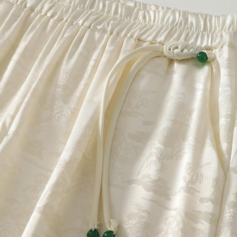 Buddha Stones Frühlings-Casual Jacquard-Hose aus Baumwolle und Leinen mit weitem Bein und Taschen