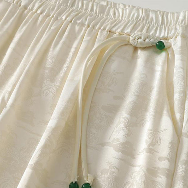 Buddha Stones Frühlings-Casual Jacquard-Hose aus Baumwolle und Leinen mit weitem Bein und Taschen